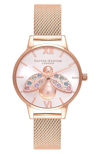 Olivia Burton Women's Rainbow Bee Rose Gold-tone Stainless Steel Mesh Bracelet Watch 30mm