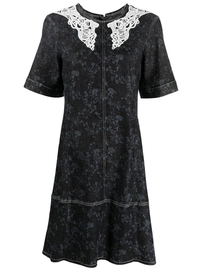 Chloé Lace-collar Floral-print Denim Mini Dress In Grau