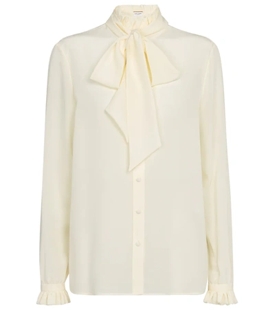 Saint Laurent Pussy-bow Ruffled Silk Crepe De Chine Blouse In Off White