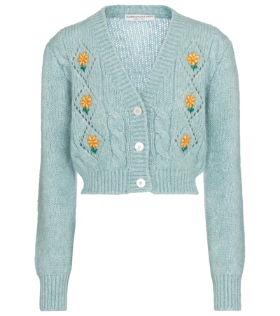 Alessandra Rich Cropped Floral Embroidered Cardigan In Light Blue