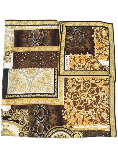 Versace Barocco Mosaic-print Silk Scarf In Gold Brown