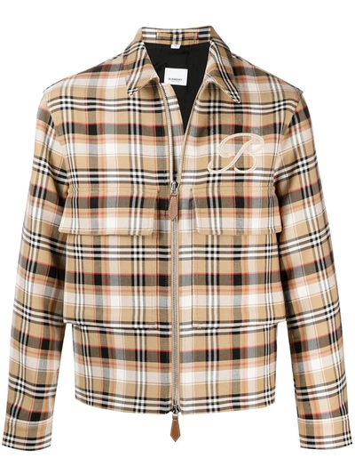 Burberry Heeley Logo-embroidered Checked Wool-blend Jacket In Beige