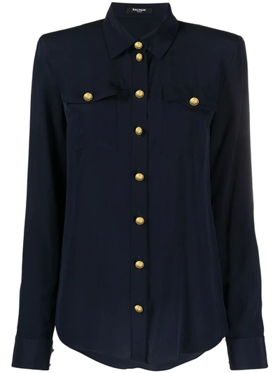 Balmain Button-detail Silk Shirt In Dark Blue
