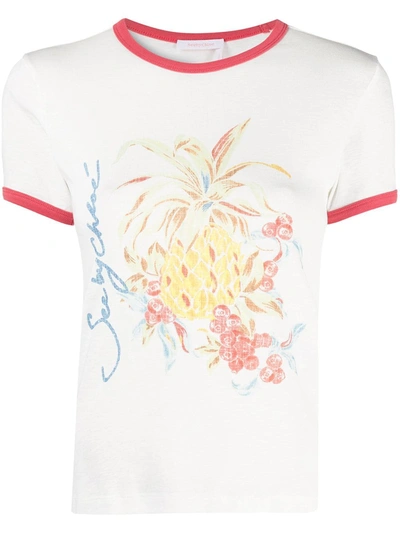 See By Chloé Spring Fruits-print Cotton T-shirt In White,light Blue,red