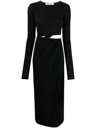 Andamane Cut-out Long-sleeve Midi Dress In Black