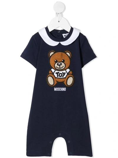 Moschino Blue Romper For Babykids Witth Teddy Bear In Blu Navy