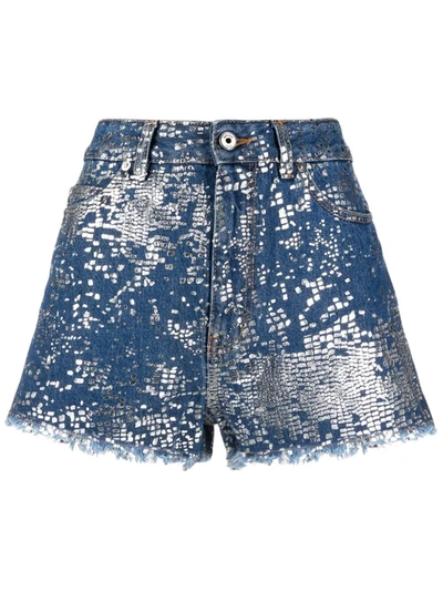 Just Cavalli Denim Shorts With Laminated Details In Blue In Medium Wash