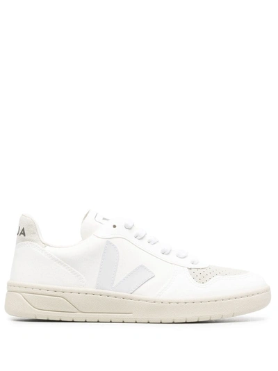 Veja V-10 Logo Organic Cotton Low-top Sneakers In White,natural Pierre