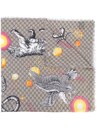 Gucci Space Animals Print Scarf In Nude & Neutrals