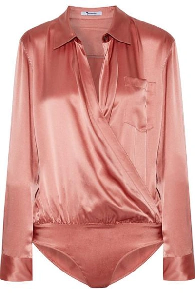 Alexander Wang T Silk Charmeuse Long Sleeve Wrap Front Bodysuit In Rose-pink