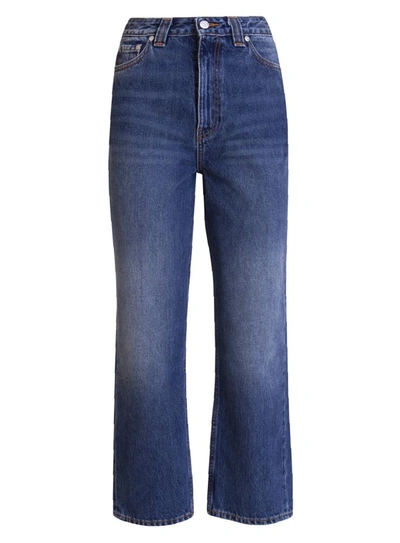 Ganni Washed Denim High-waisted Cropped Jeans In Blu
