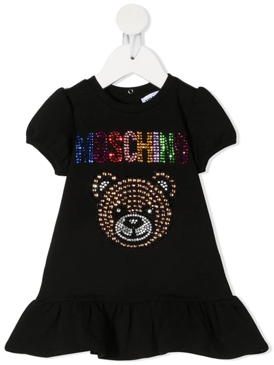 Moschino Babies' Rhinestone-logo T-shirt Dress In Black