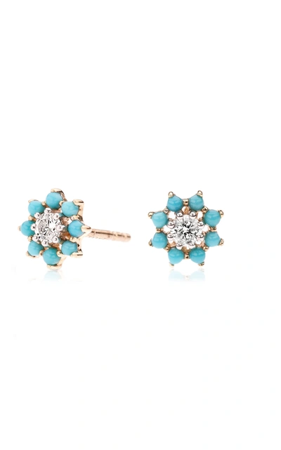 Adina Reyter Women's Tiny Flower 14k Gold Diamond And Turquoise Studs