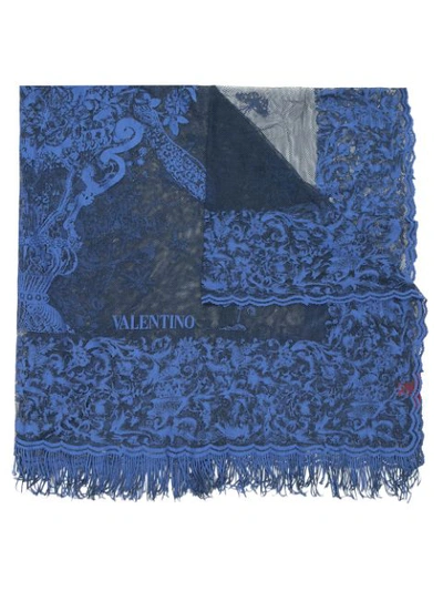 Valentino Floral-pattern Fringed Scarf In Blue