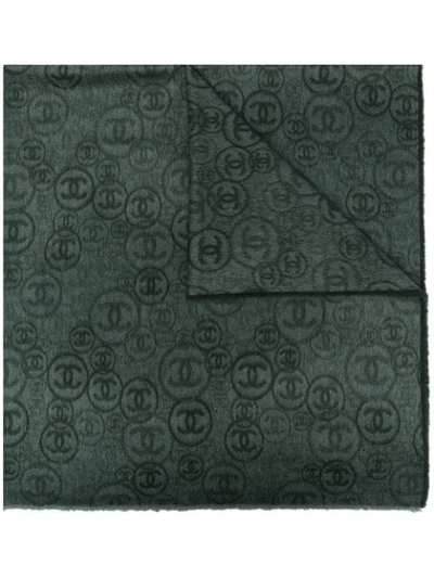 Pre-owned Chanel 2020s Cc Pattern Cashmere Maxi Scarf In Green