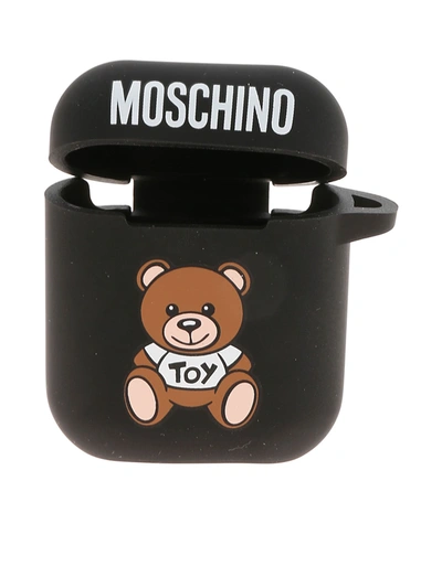 Moschino Teddy Motif Logo-print Airpods Case In Black