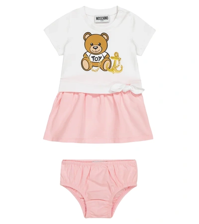 Moschino Babies' Pink And White Jersey Dress With Teddy Bear Print