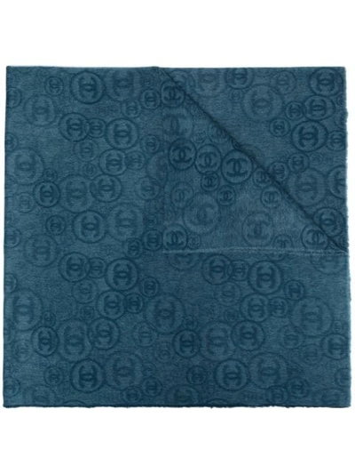 Pre-owned Chanel 2020s Cc Pattern Cashmere Maxi Scarf In Blue