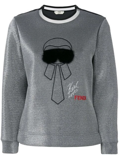 Fendi Karlito Embroidered Laminated Sweatshirt In Silver