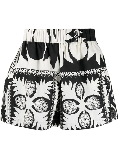 Red Valentino Cotton Blend Shorts With Damier Flowers Print In Black