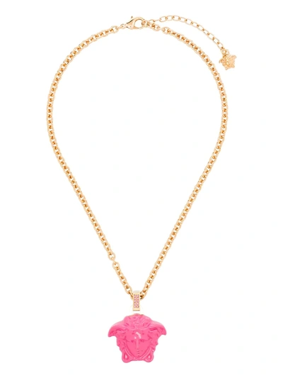 Versace Varnished Medusa Charm Necklace In Gold/ Pink