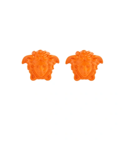 Versace Varnished Medusa Stud Earrings In Orange