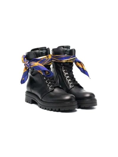 Balmain Teen Lace-up Leather Boots In Black