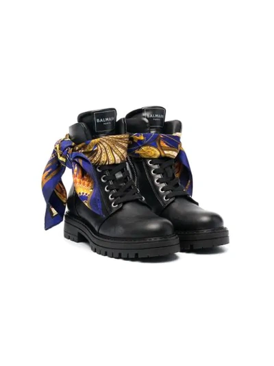 Balmain Kids' Lace-up Leather Boots In Black