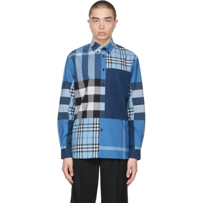 Burberry Cotton Poplin Patchwork Check Shirt In Blue