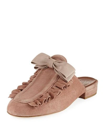 Laurence Dacade Planet Ruffle Suede Bow Flat Mule In Nude