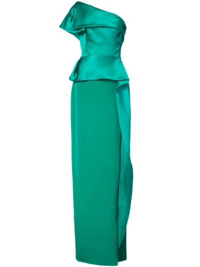 Marchesa One-shoulder Silk Satin Column Gown In Green
