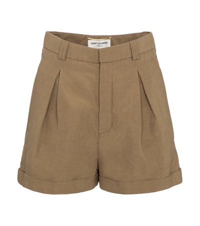 Saint Laurent Silk & Linen Mini Shorts In Khaki