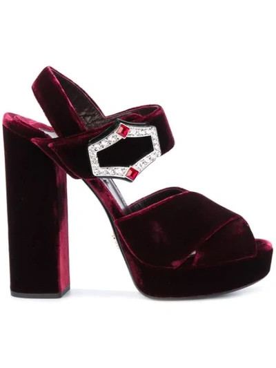 Prada Jeweled Velvet Block-heel Sandal, Black In Red