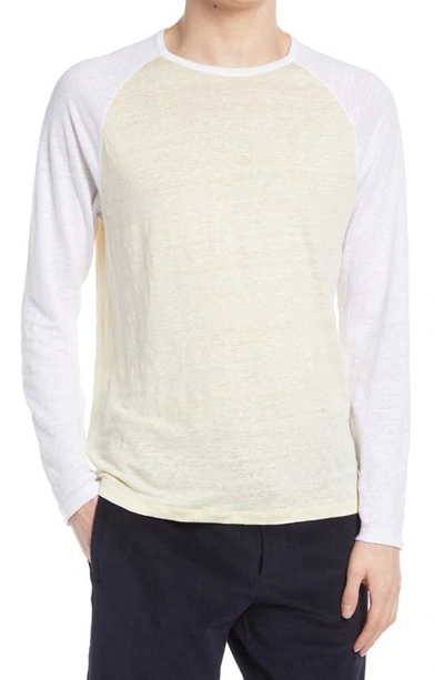 Vince Men's Linen Baseball Crewneck T-shirt In Optic White/ Malt
