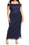 Alex Evenings Cold Shoulder Glitter Column Gown In Dark Navy