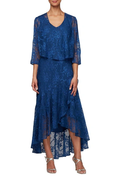 Alex Evenings Textured Floral Burnout High/low Dress With Jacket In Royal