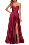La Femme Pleated Bodice Strapless Satin Gown In Red