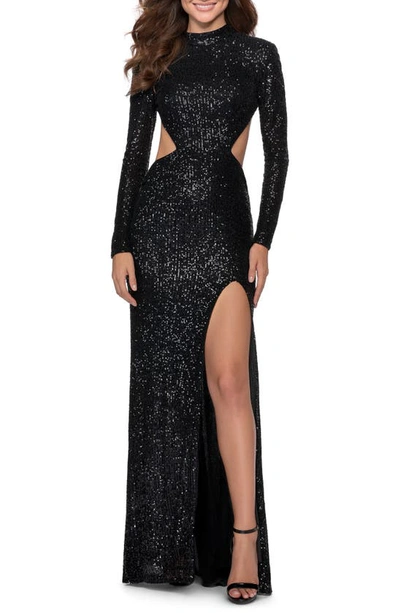 La Femme Sequin Long Sleeve Cutout Gown In Black