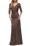 La Femme Ruched Sequin Gown In Brown