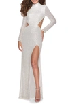La Femme Sequin Long Sleeve Cutout Gown In White