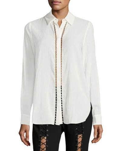 Haute Hippie Collared Long-sleeve Chain Husband Blouse In White