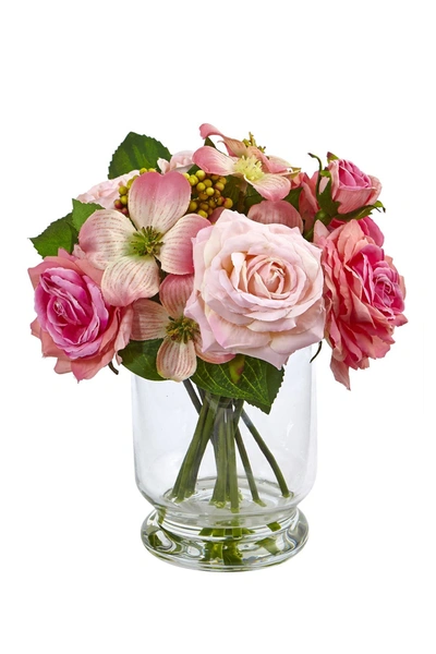 Nearly Natural 10'' Rose & Berry Arrangement In Glass Vase In Pink
