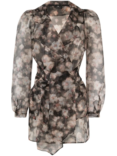 Elisabetta Franchi Transparent Organza Blouse With Floral Print In Black