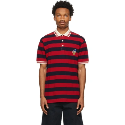 Gucci Red & Navy Disney Edition Striped Donald Duck Polo In 4186 Ink/li