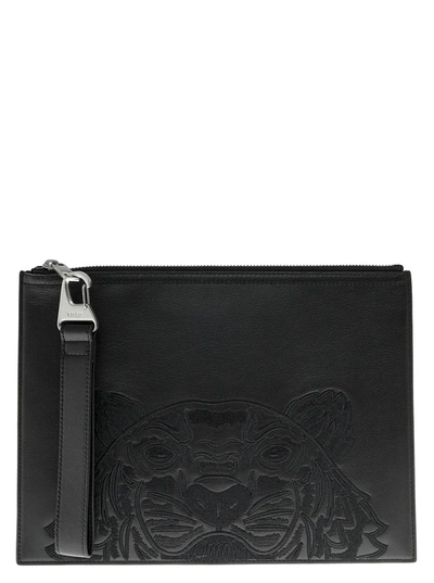Kenzo Tiger Embroidered Zipped Clutch In Black