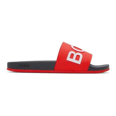 Hugo Boss Logo-print Flatform Slides In Light Red