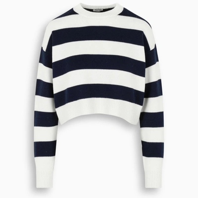 Miu Miu Ivory/navy Striped Cropped Jumper In Blue