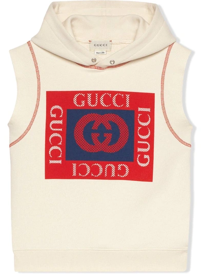 Gucci Kids' Logo Print Sleeveless Cotton Hoodie In White