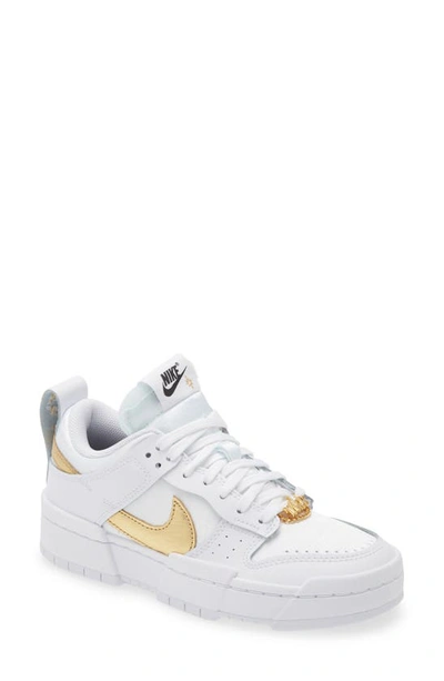 Nike Dunk Low Disrupt Basketball Shoe In White/ White/ Gold/ Black