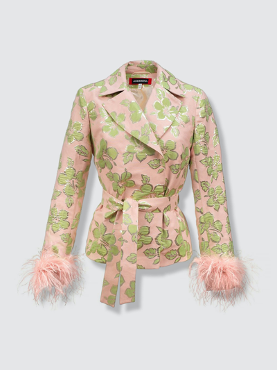 Andreeva Pink Jacquard Jacket №19 With Detachable Feather Cuffs In Pink/purple